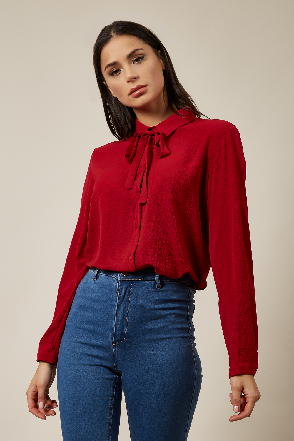 Tie Neck Oversized Top In Burgundy