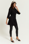 Tie Waisted Ruffle Neck Tunic with 3/4 Sleeves in Black