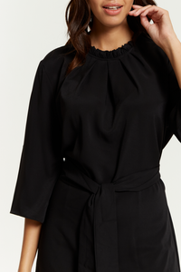 Tie Waisted Ruffle Neck Tunic with 3/4 Sleeves in Black