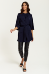 Tie Waisted Ruffle Neck Tunic with 3/4 Sleeves in Navy