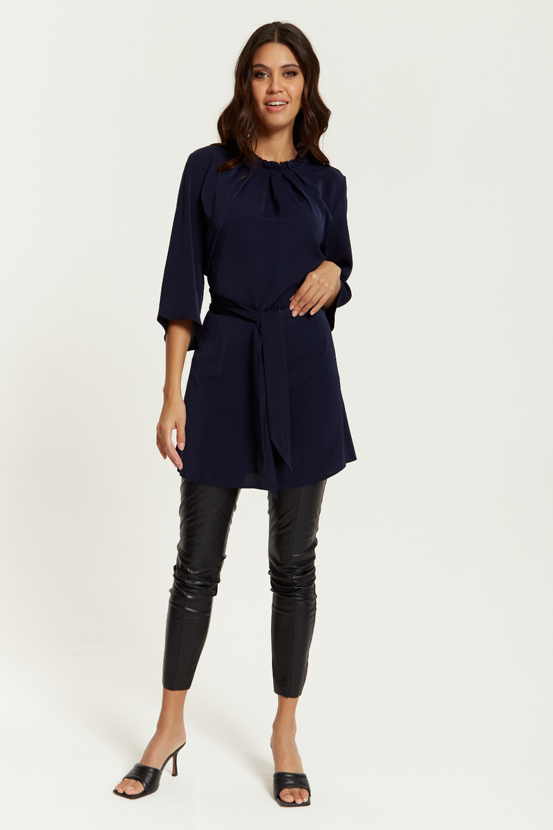 Tie Waisted Ruffle Neck Tunic with 3/4 Sleeves in Navy
