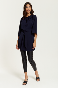 Tie Waisted Ruffle Neck Tunic with 3/4 Sleeves in Navy