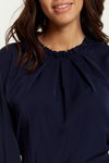 Tie Waisted Ruffle Neck Tunic with 3/4 Sleeves in Navy