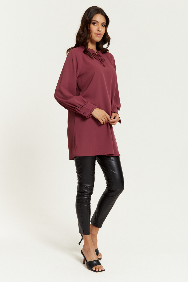 Oversized Tunic with Ruffle Neck Detailed in Royal Berry