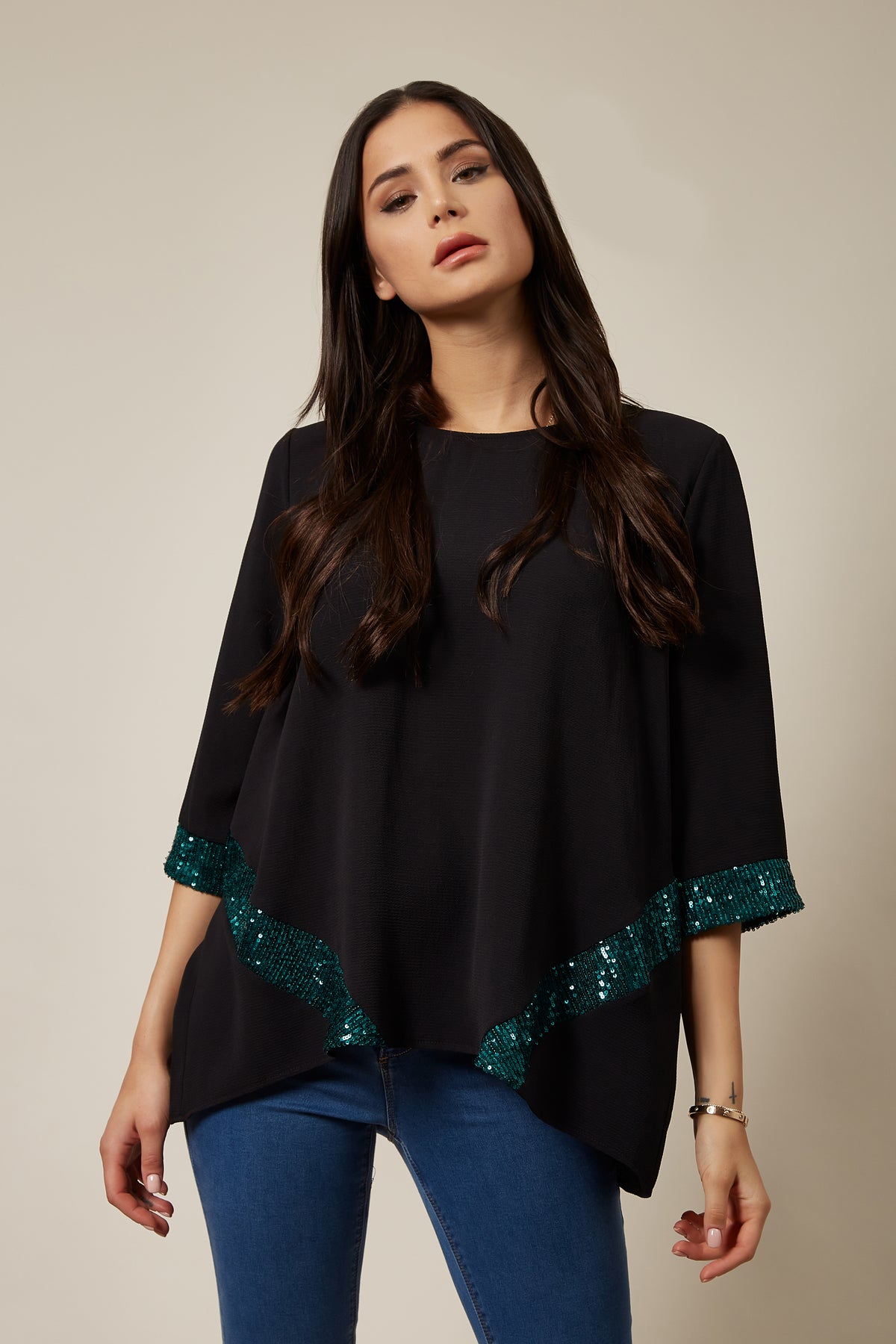 Oversized Green Sequin Detail Top In Black