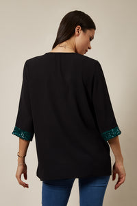 Oversized Green Sequin Detail Top In Black