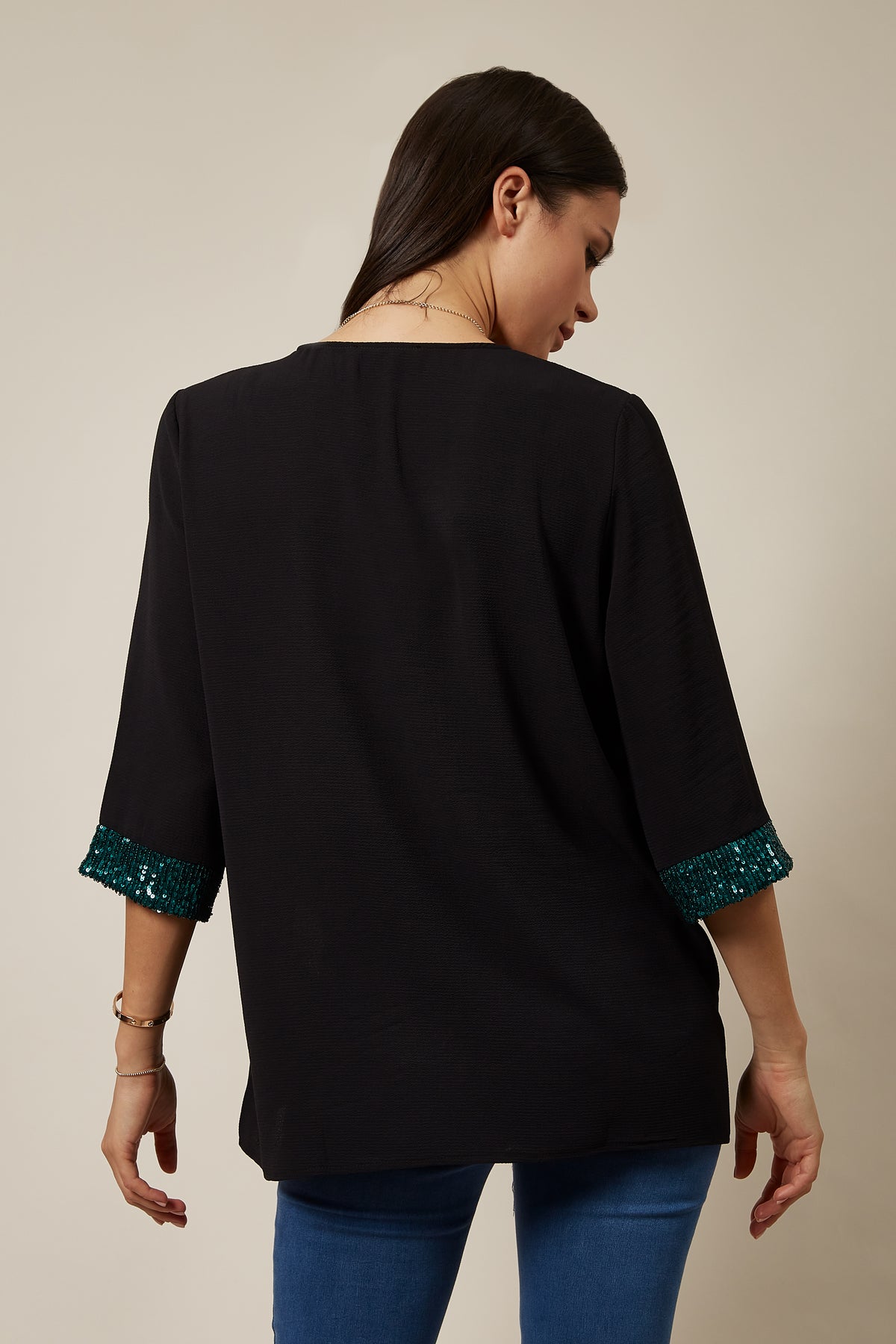 Oversized Green Sequin Detail Top In Black