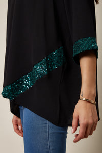 Oversized Green Sequin Detail Top In Black