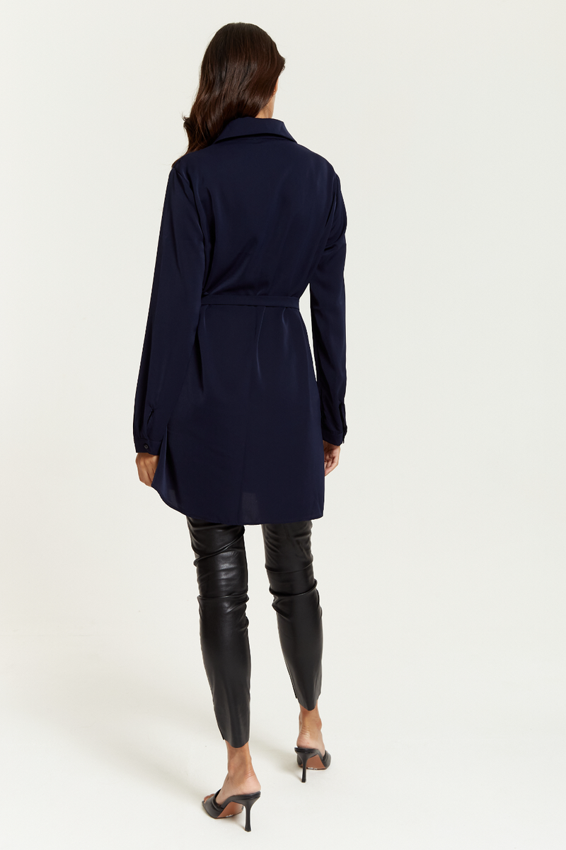 Oversized Tie Detailed Shirt Tunic with Long Sleeves in Navy