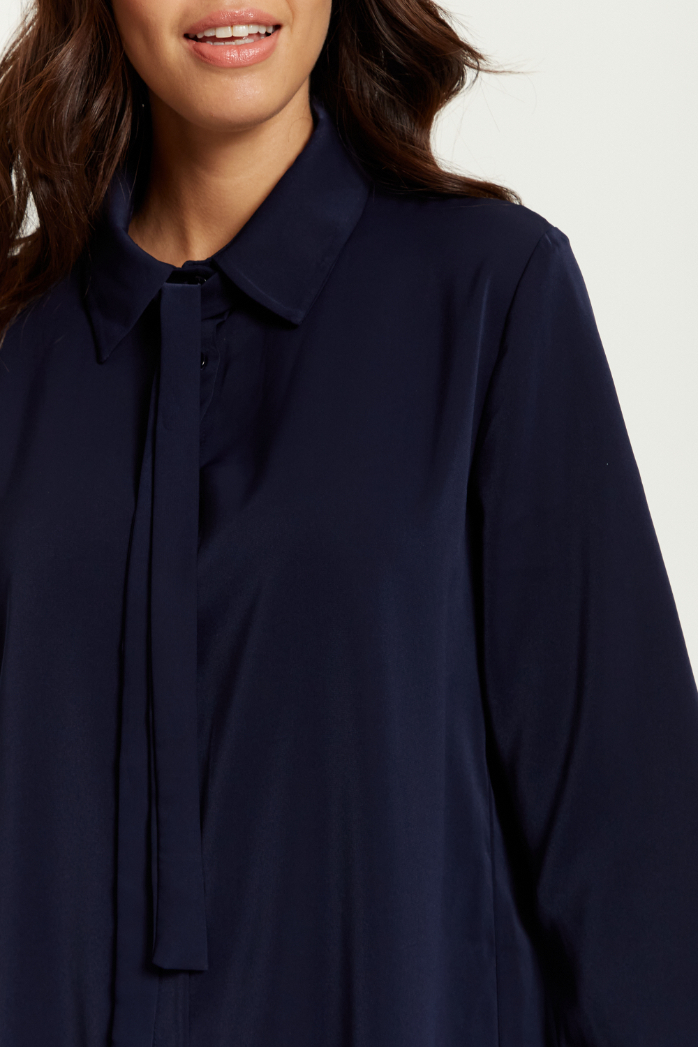 Oversized Tie Detailed Shirt Tunic with Long Sleeves in Navy