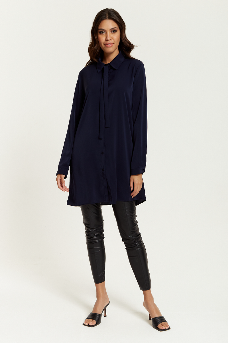 Oversized Tie Detailed Shirt Tunic with Long Sleeves in Navy