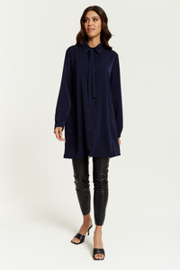 Oversized Tie Detailed Shirt Tunic with Long Sleeves in Navy