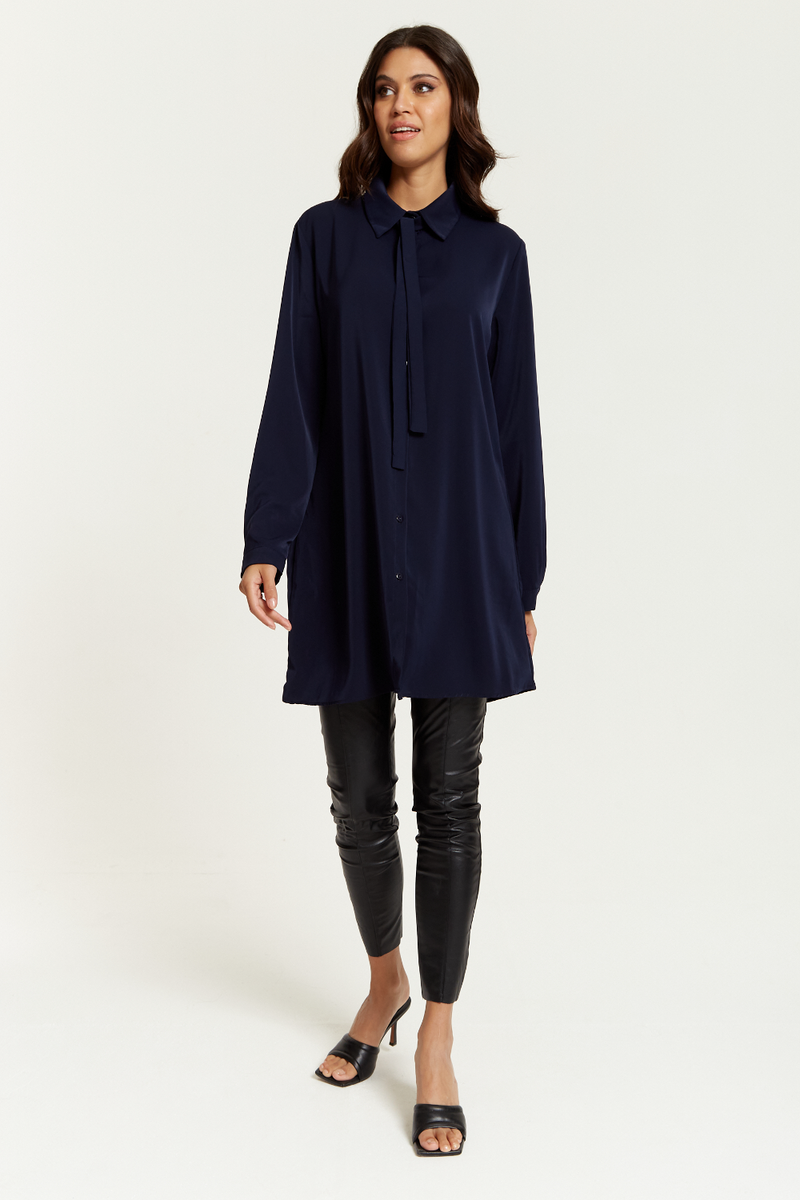 Oversized Tie Detailed Shirt Tunic with Long Sleeves in Navy