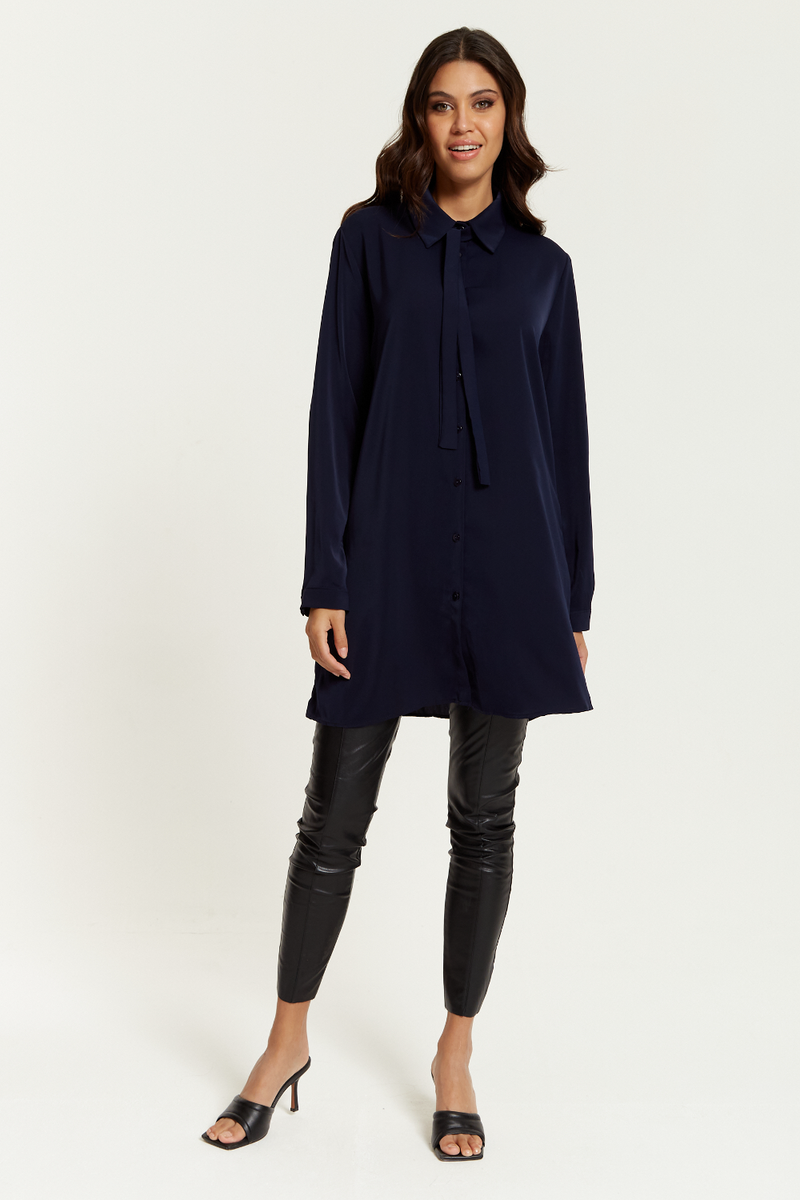 Oversized Tie Detailed Shirt Tunic with Long Sleeves in Navy