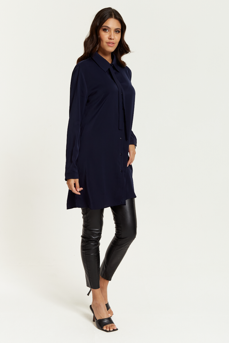 Oversized Tie Detailed Shirt Tunic with Long Sleeves in Navy