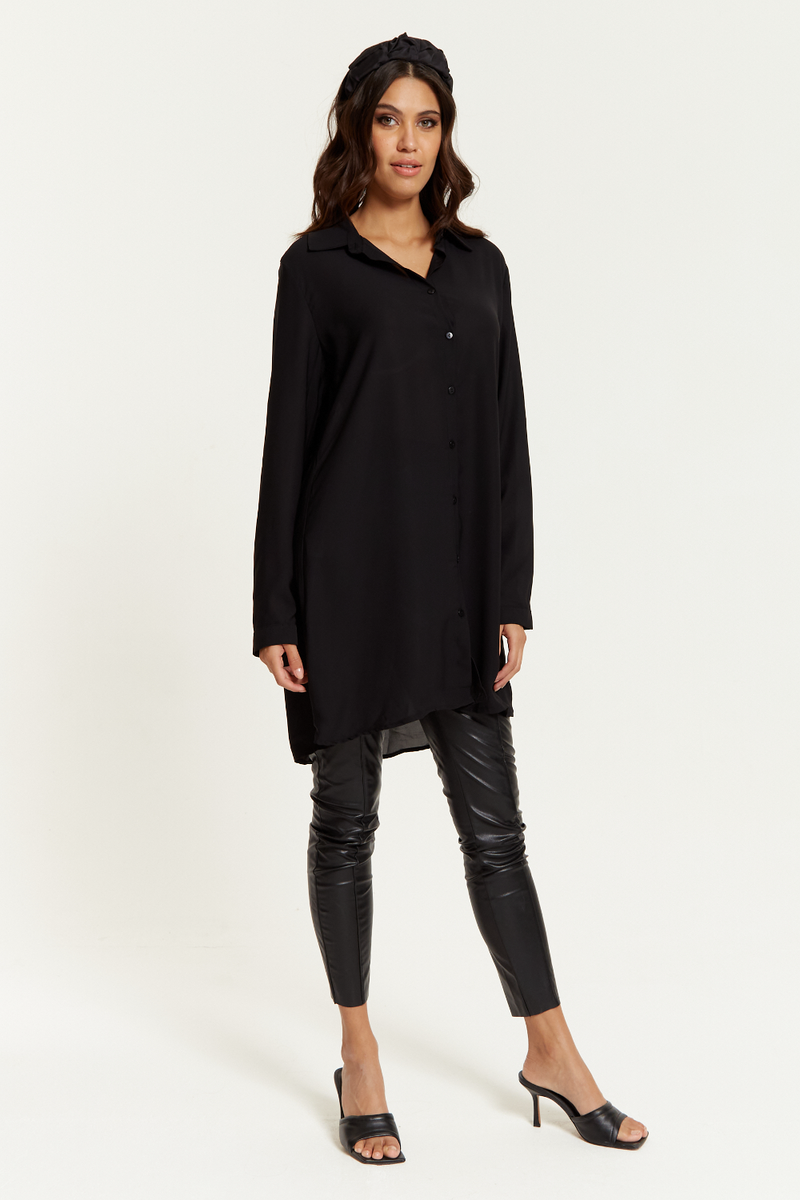 Oversized Shirt Tunic with Long Sleeves in Black