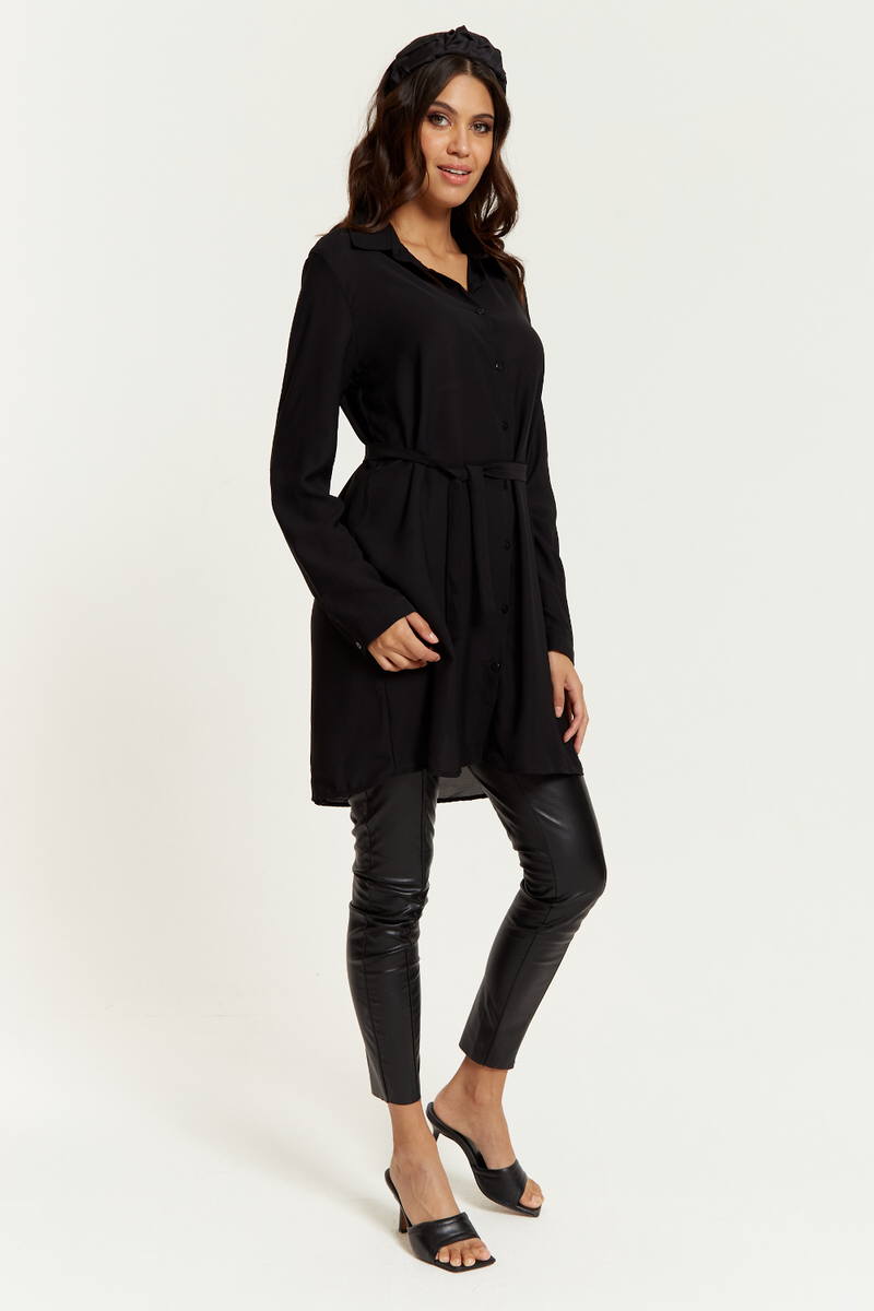Oversized Belt Detailed Shirt Tunic with Long Sleeves in Black