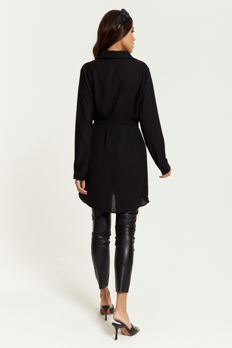 Oversized Belt Detailed Shirt Tunic with Long Sleeves in Black