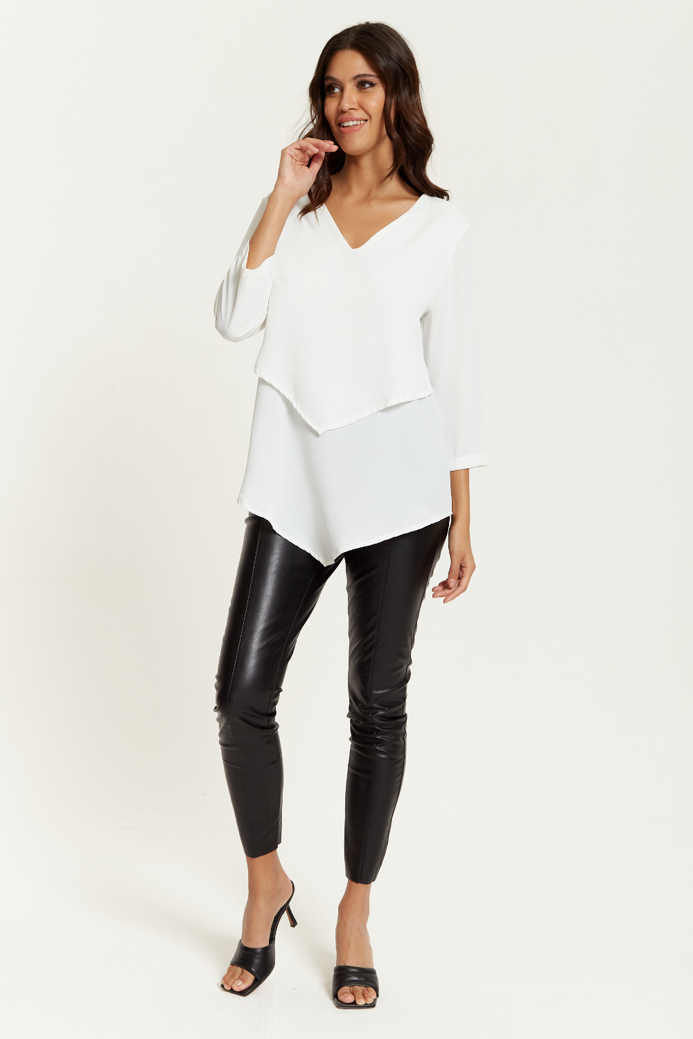 3/4 Sleeves V Neck Layered Relaxed Fit Top in White
