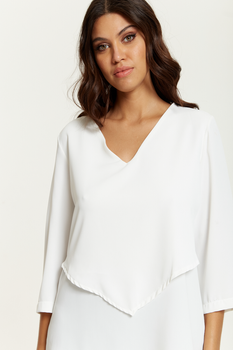 3/4 Sleeves V Neck Layered Relaxed Fit Top in White