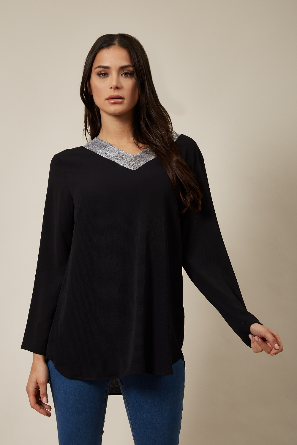 Oversized Top With Sequin Collar Details In Black
