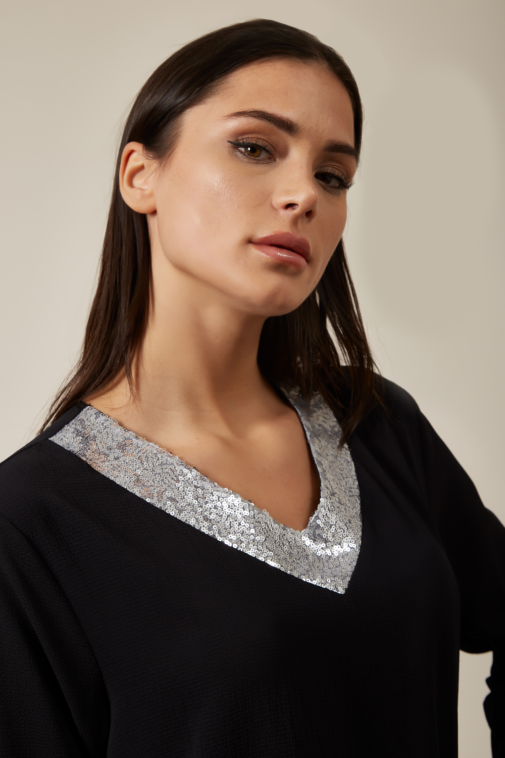 Oversized Top With Sequin Collar Details In Black