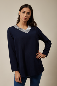 Oversized Top With Sequin Collar Details In Navy