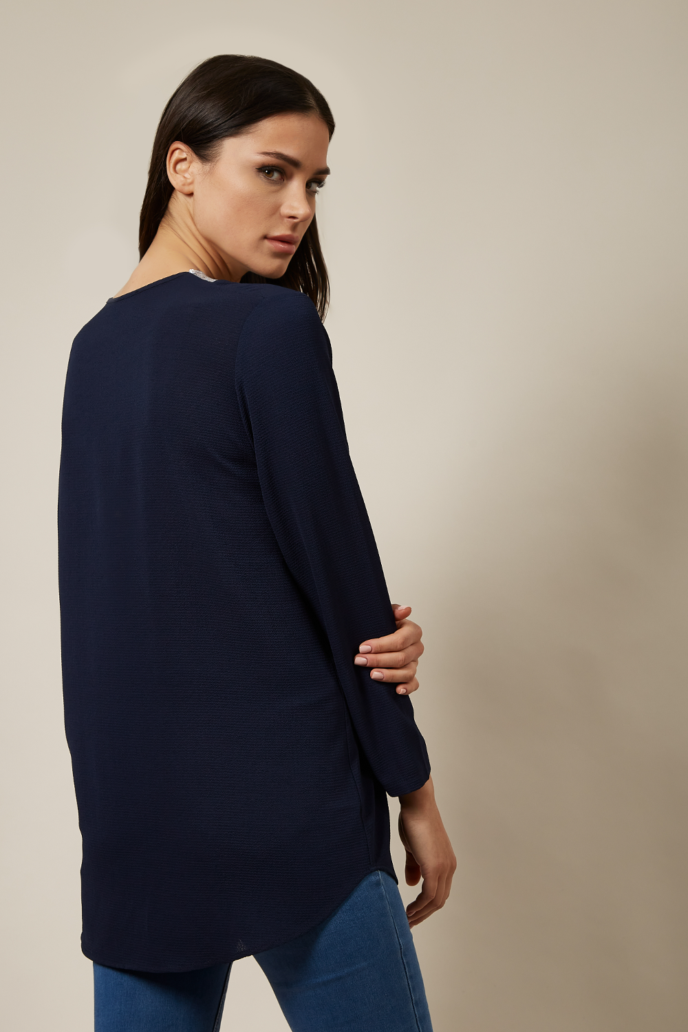 Oversized Top With Sequin Collar Details In Navy