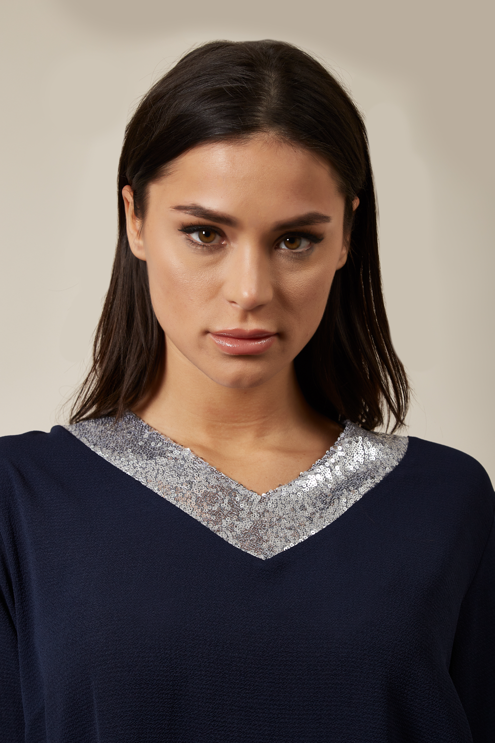 Oversized Top With Sequin Collar Details In Navy