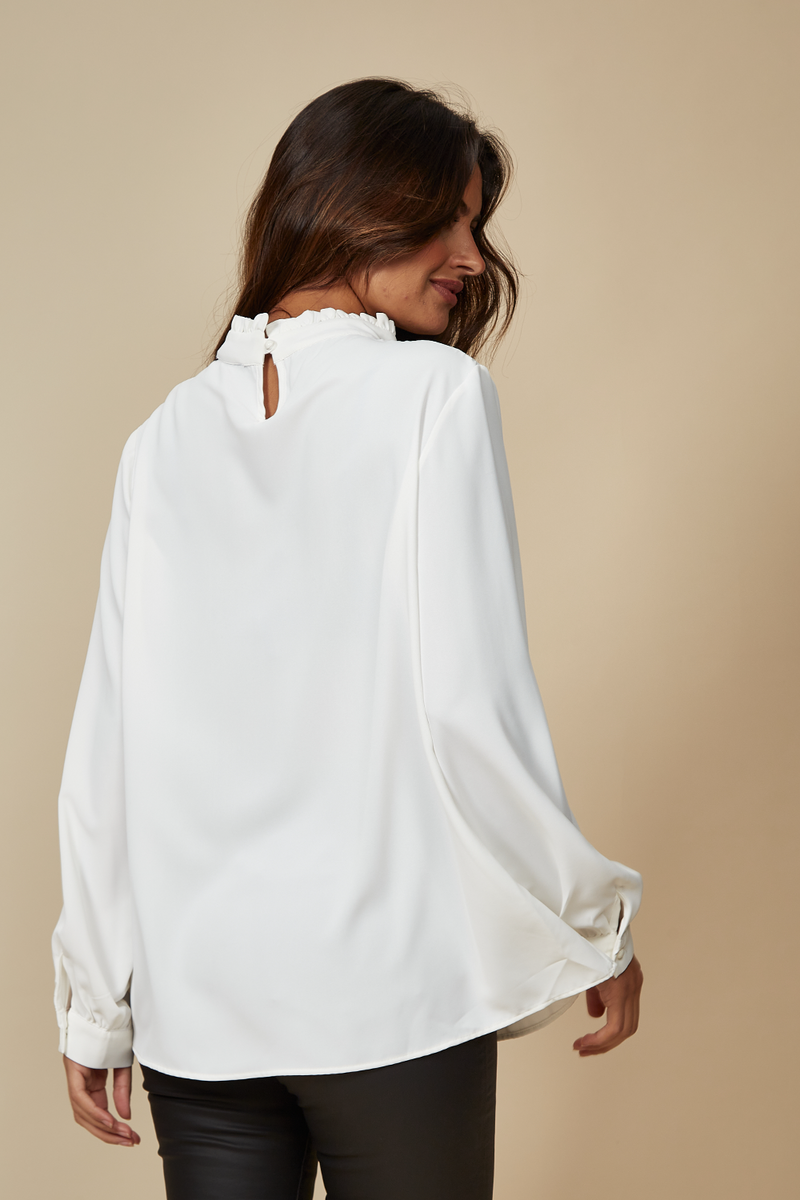 Oversized Ruffle Neck Top with Long Sleeves in White