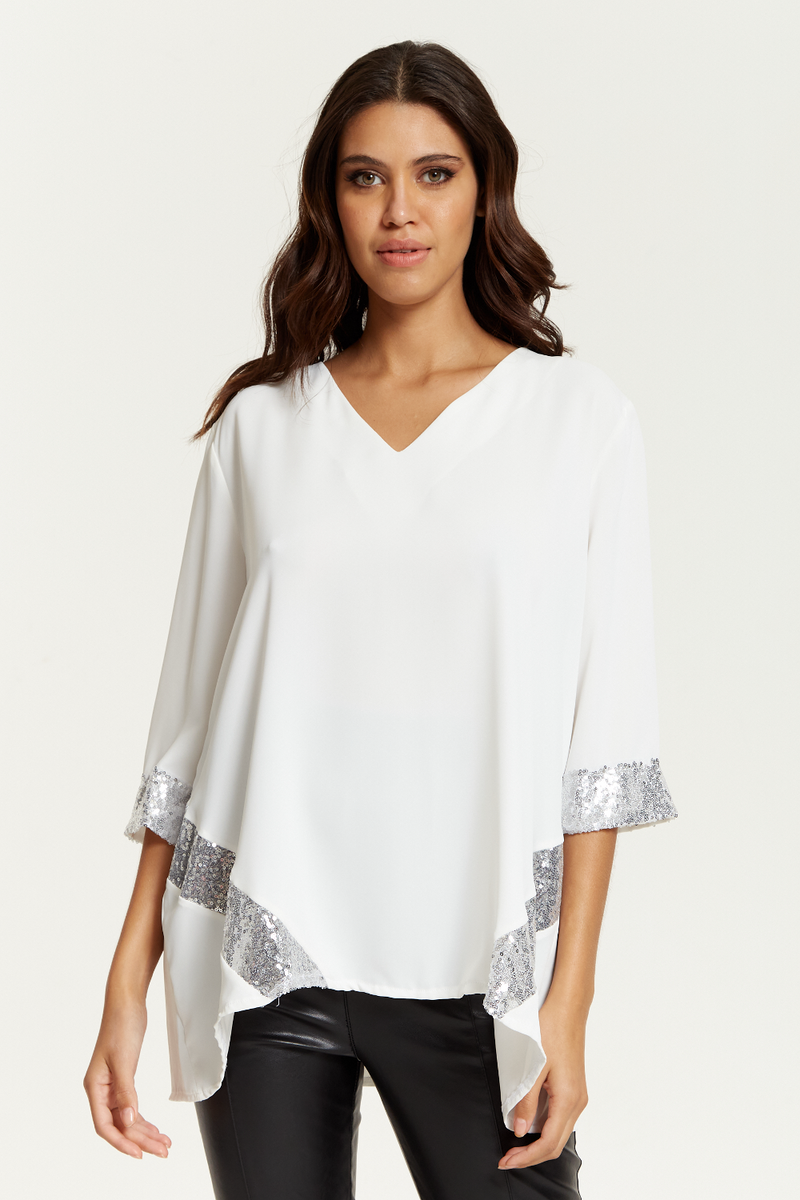 Oversized V Neck Sequin Detailed Satin Top with 3/4 Sleeves in White