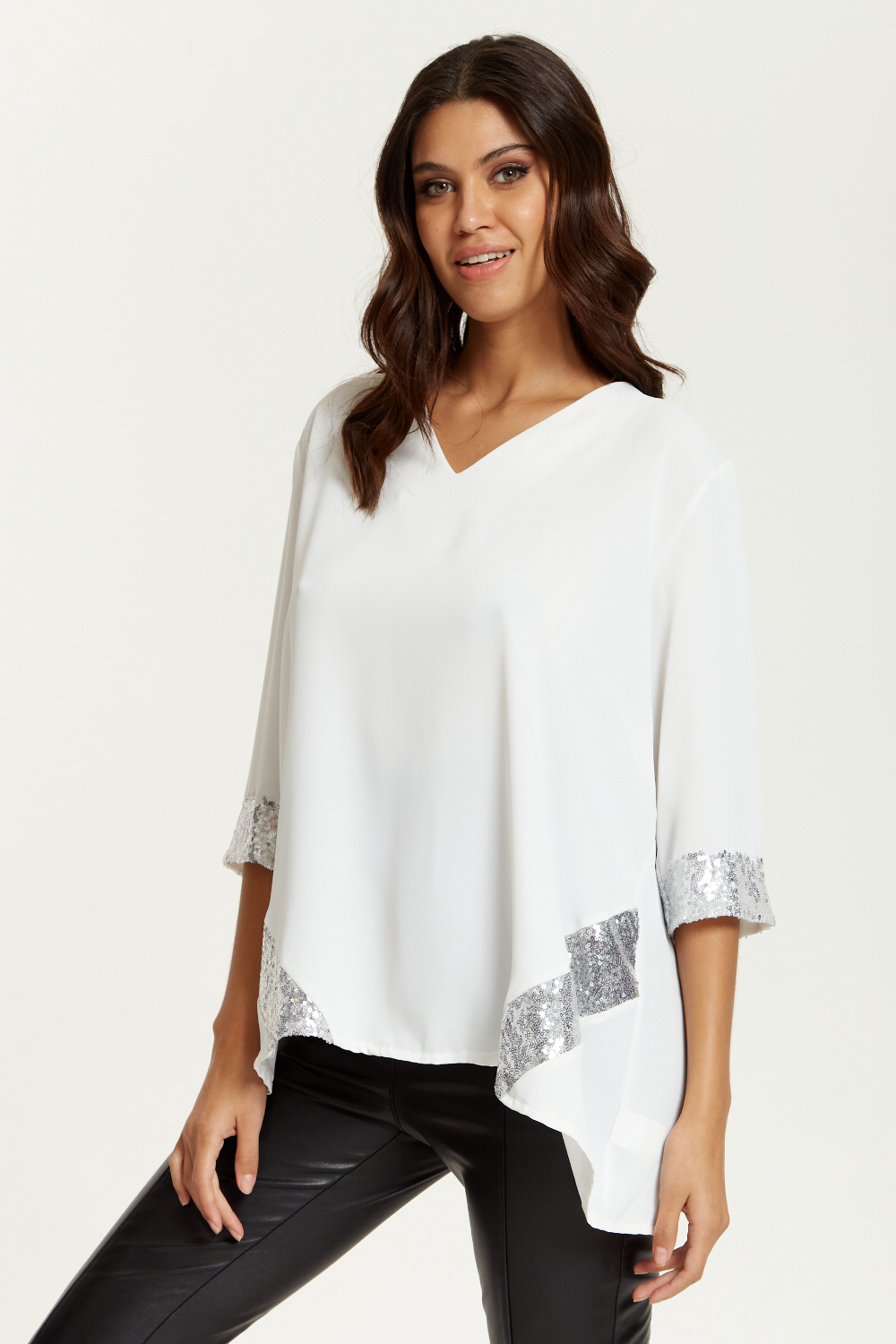 Oversized V Neck Sequin Detailed Satin Top with 3/4 Sleeves in White