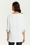 Oversized V Neck Sequin Detailed Satin Top with 3/4 Sleeves in White