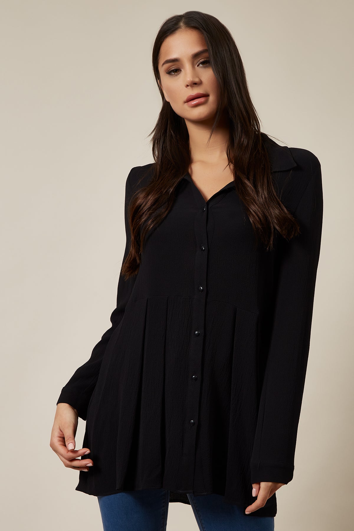Oversized Long Sleeve Relaxed Pleated Fit Shirt In Black