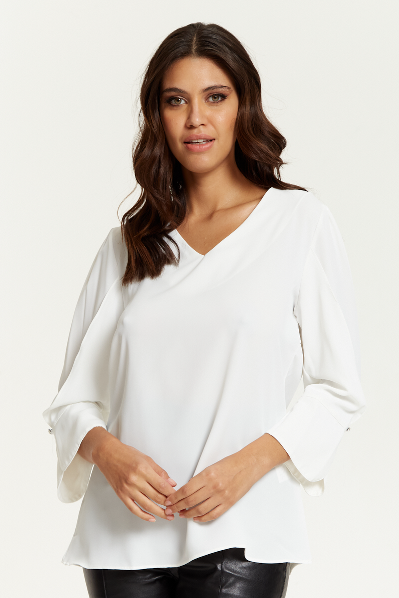 Long Sleeves Detailed Cuff Blouse with V Neck in White
