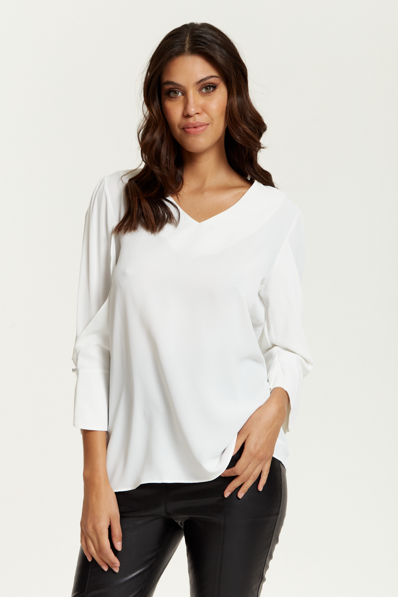 Long Sleeves Detailed Cuff Blouse with V Neck in White