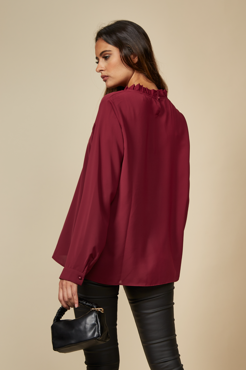 Ruffle Neck Detailed Relaxed Fit Top in Burgundy