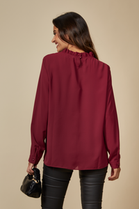 Ruffle Neck Detailed Relaxed Fit Top in Burgundy