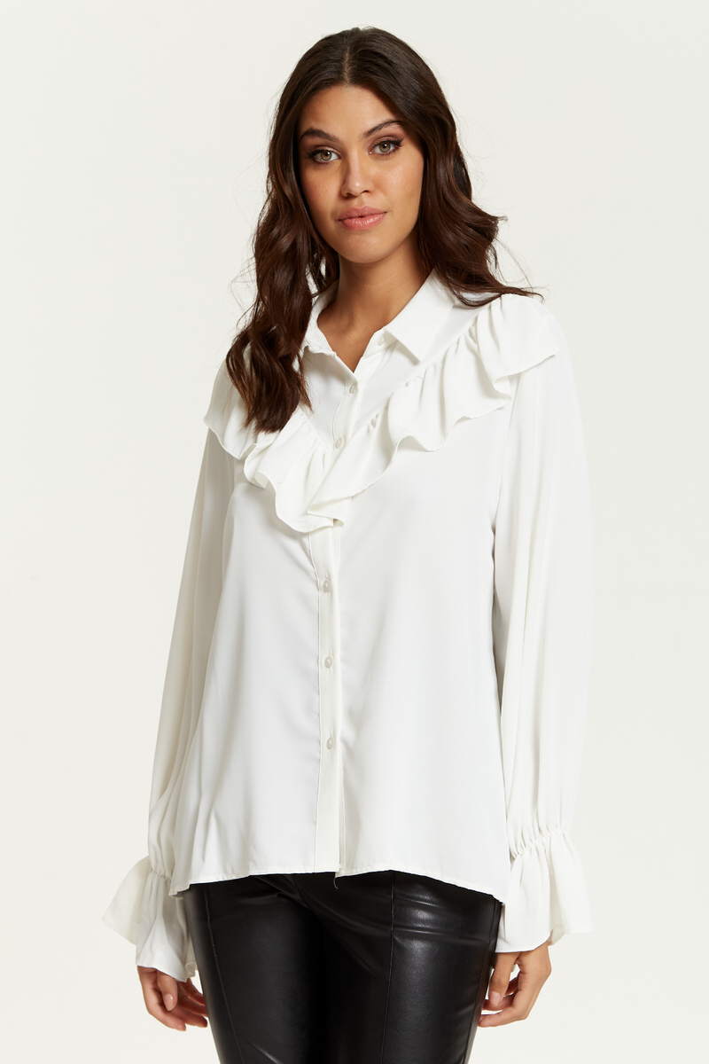 Oversized Frilled Front Shirt with Detailed Cuffs in White