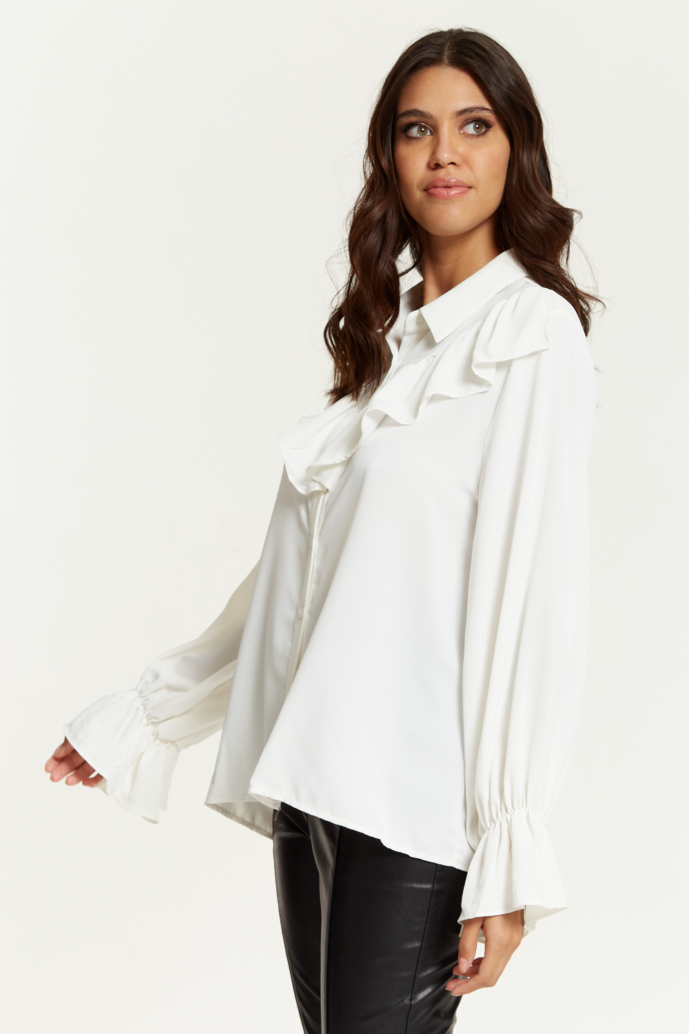 Oversized Frilled Front Shirt with Detailed Cuffs in White