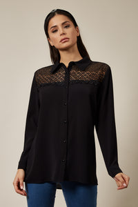 Oversized Shirt Relaxed Top with Lace Detail In Black