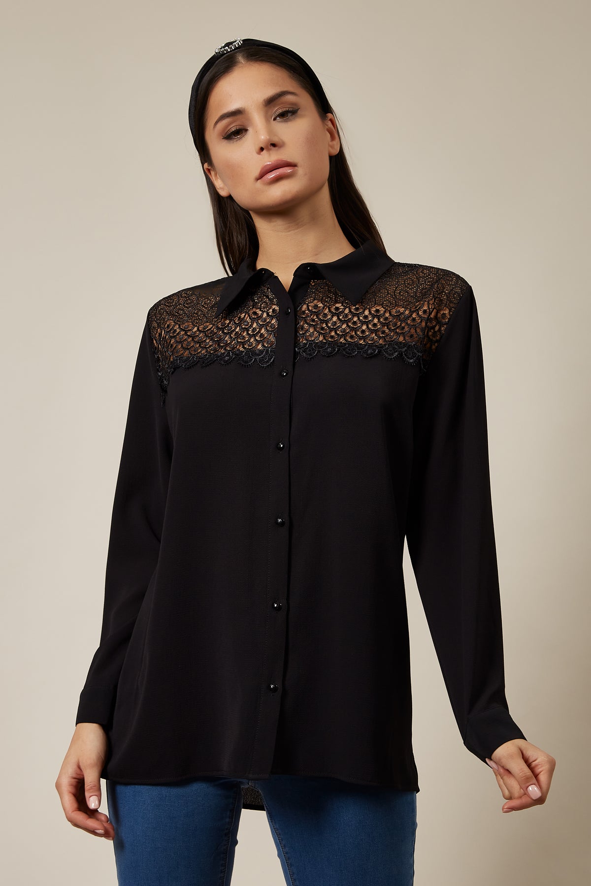 Oversized Shirt Relaxed Top with Lace Detail In Black