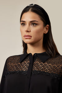 Oversized Shirt Relaxed Top with Lace Detail In Black