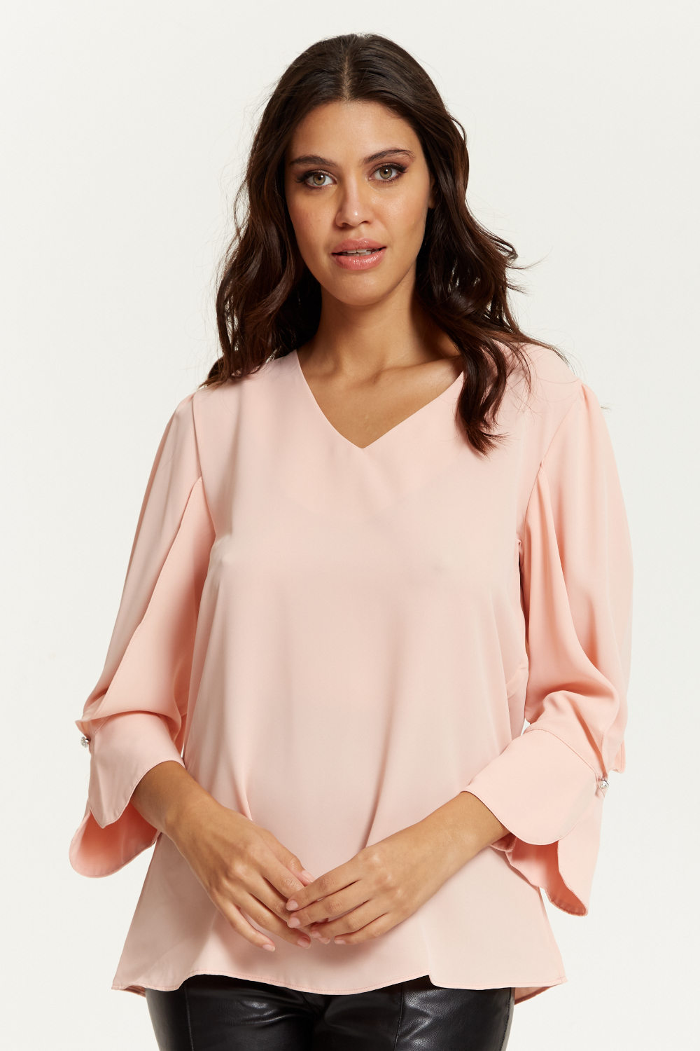 Long Sleeves Detailed Cuff Blouse with V Neck in Pink
