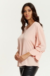 Long Sleeves Detailed Cuff Blouse with V Neck in Pink