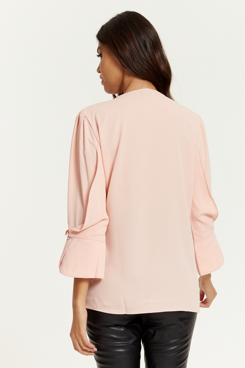 Long Sleeves Detailed Cuff Blouse with V Neck in Pink