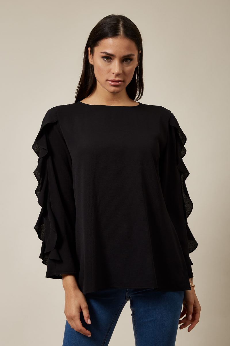 Oversized Ruffle Sleeve Relaxed Fit Top In Black