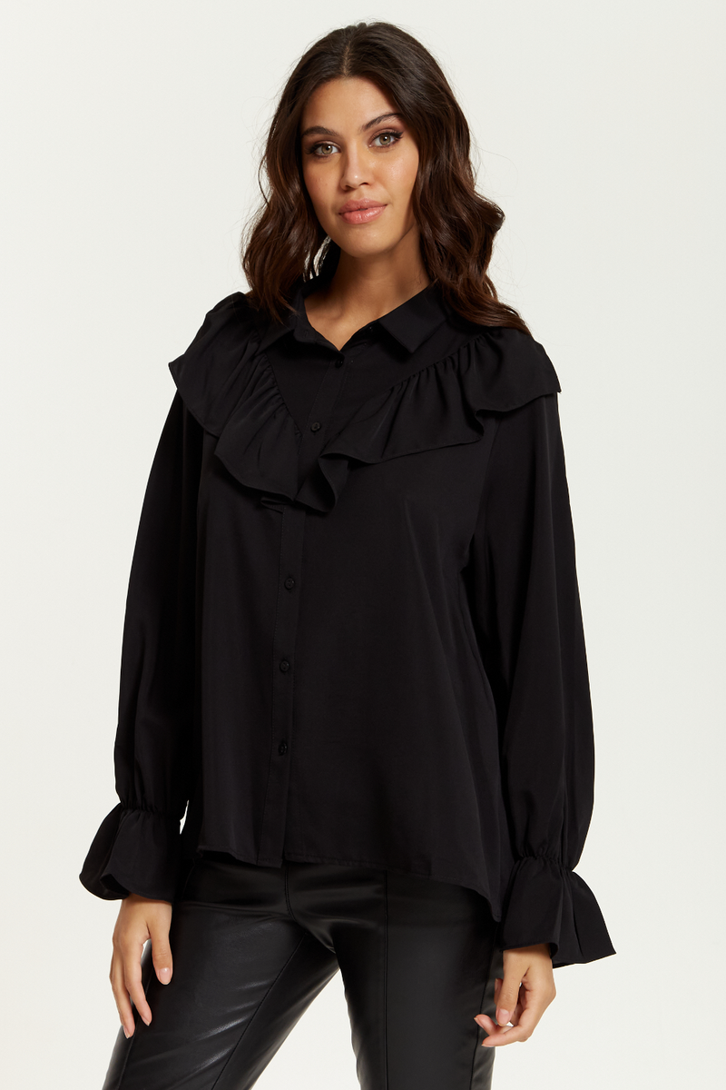 Fornt Ruffle Shirt Ruffle Detailed Front with Ruffle Sleeves Shirt in Black – HOXTON GAL