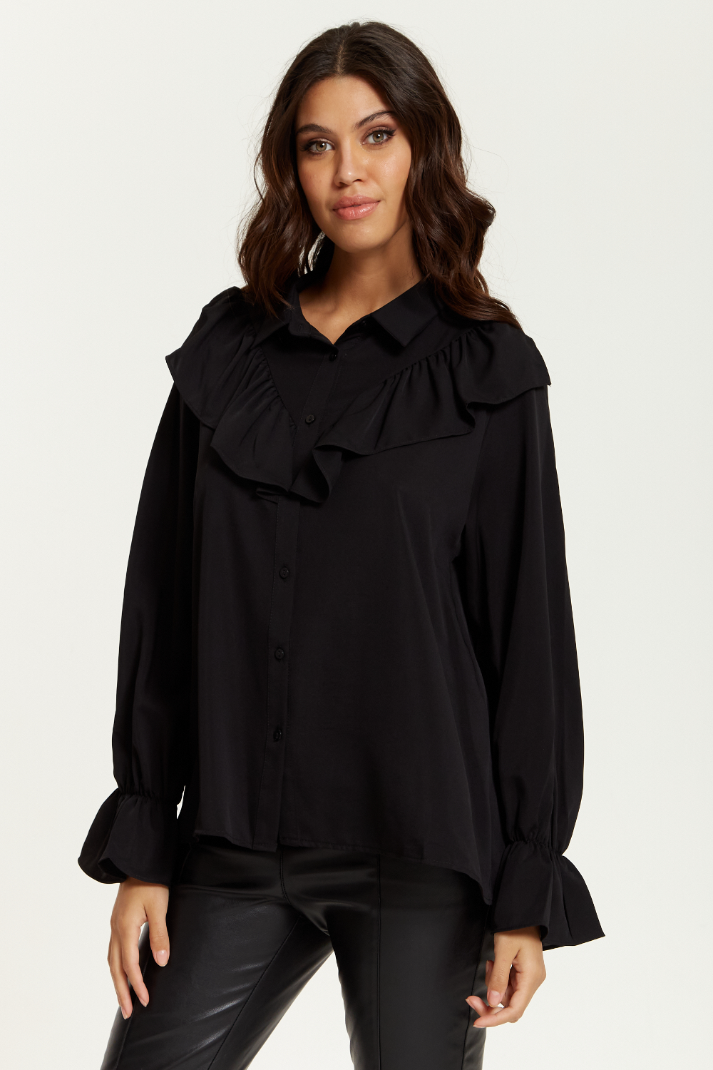 Black ruffle long sleeve shirt sale