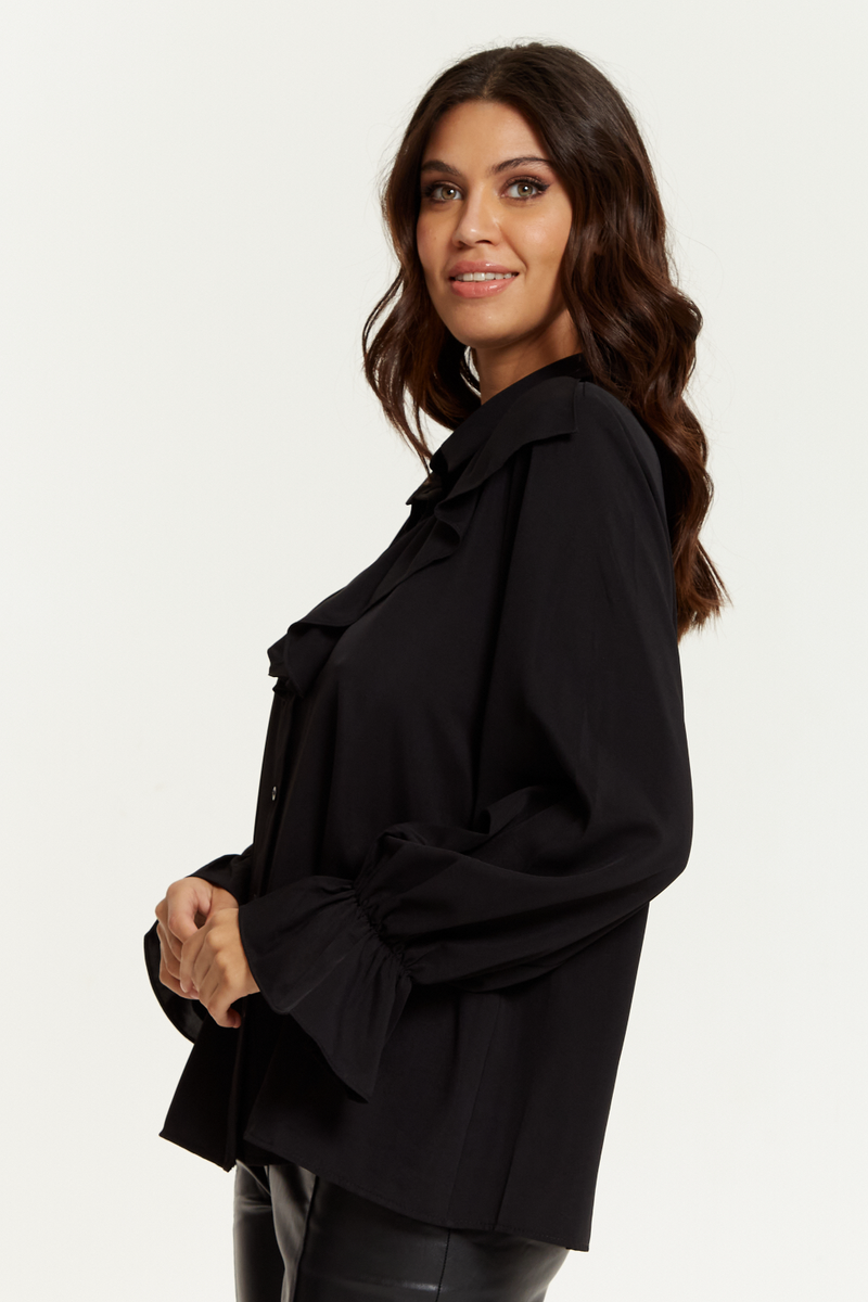Ruffle Detailed Front with Ruffle Sleeves Shirt in Black